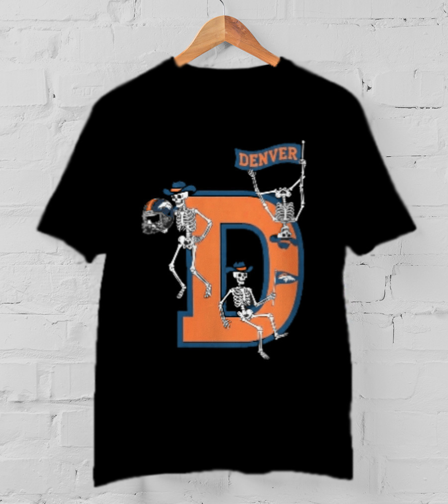 Denver Broncos Skeletons Cowboy Hats Big D Helmet Flag Orange T-Shirt