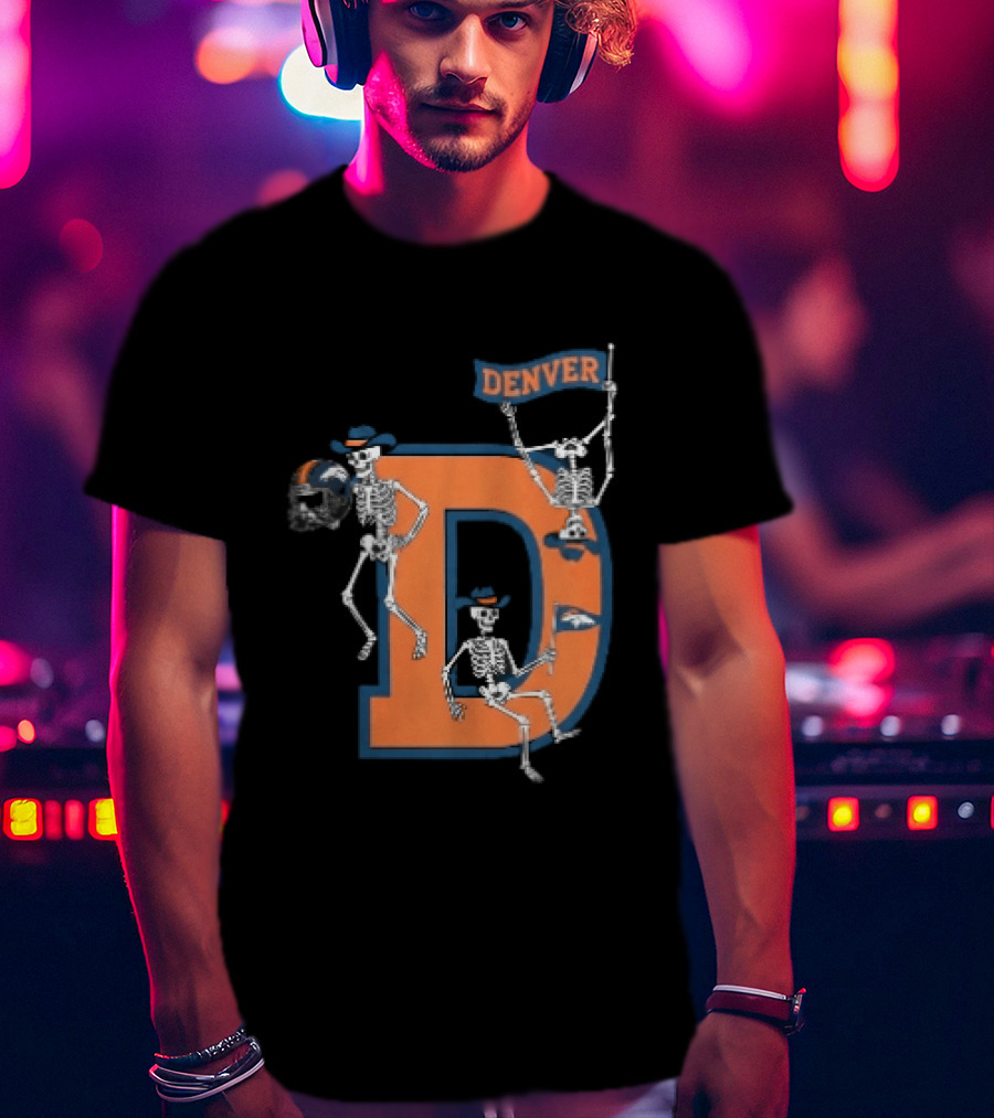 Denver Broncos Skeletons Cowboy Hats Big D Helmet Flag Orange T-Shirt
