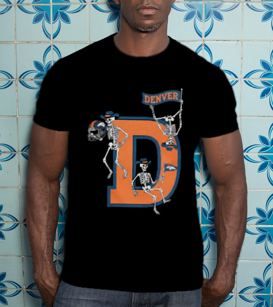 Denver Broncos Skeletons Cowboy Hats Big D Helmet Flag Orange T-Shirt