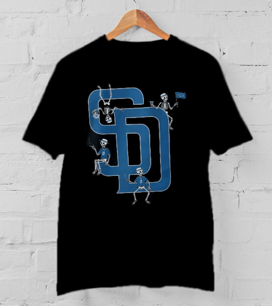 Detroit Lions San Diego Padres MLB Skeletons Interlocking SD T-Shirt