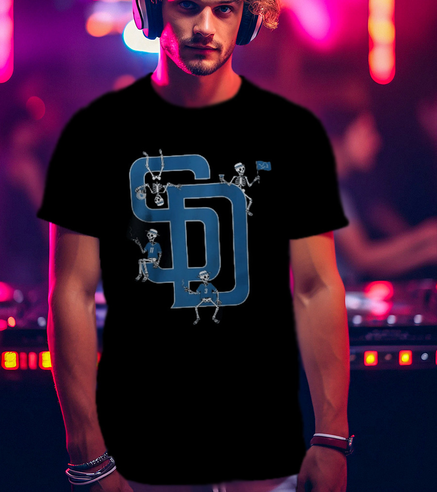 Detroit Lions San Diego Padres MLB Skeletons Interlocking SD T-Shirt