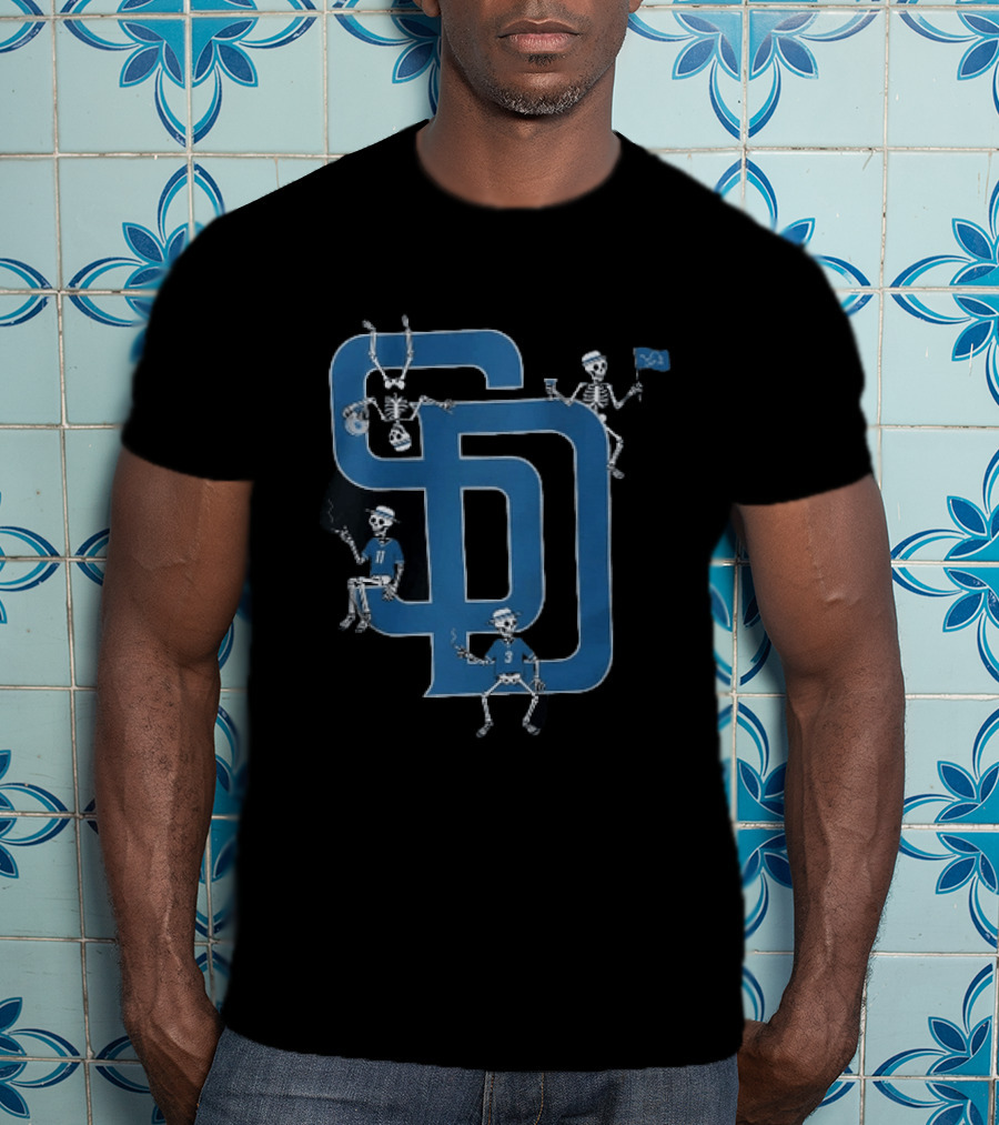 Detroit Lions San Diego Padres MLB Skeletons Interlocking SD T-Shirt