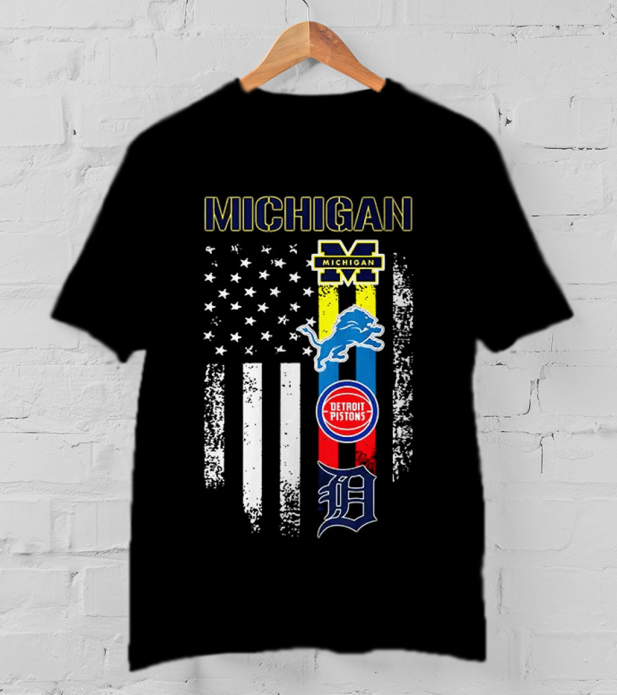 Michigan Wolverines Detroit Lions Pistons Tigers Flag T-Shirt