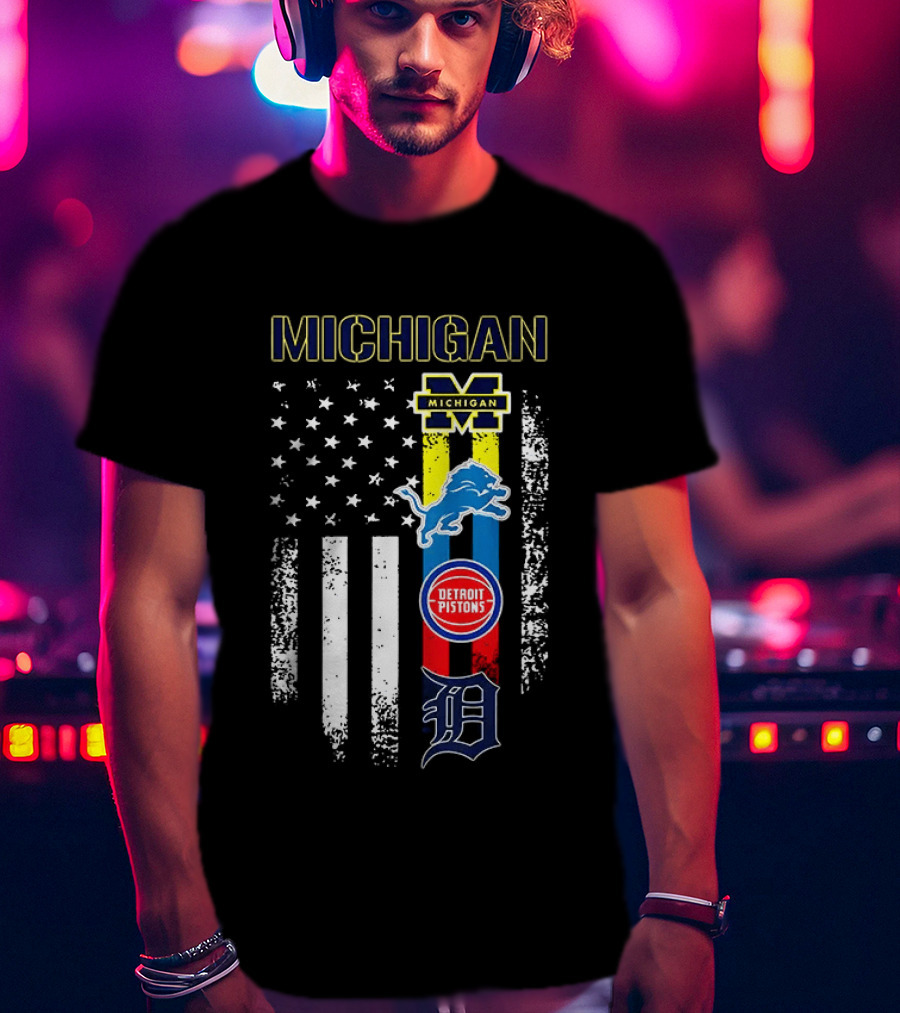 Michigan Wolverines Detroit Lions Pistons Tigers Flag T-Shirt