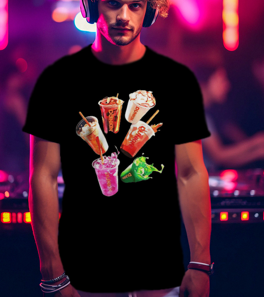 Dunkin Colorful Iced Coffee Beverages Splash With Straws T-Shirt