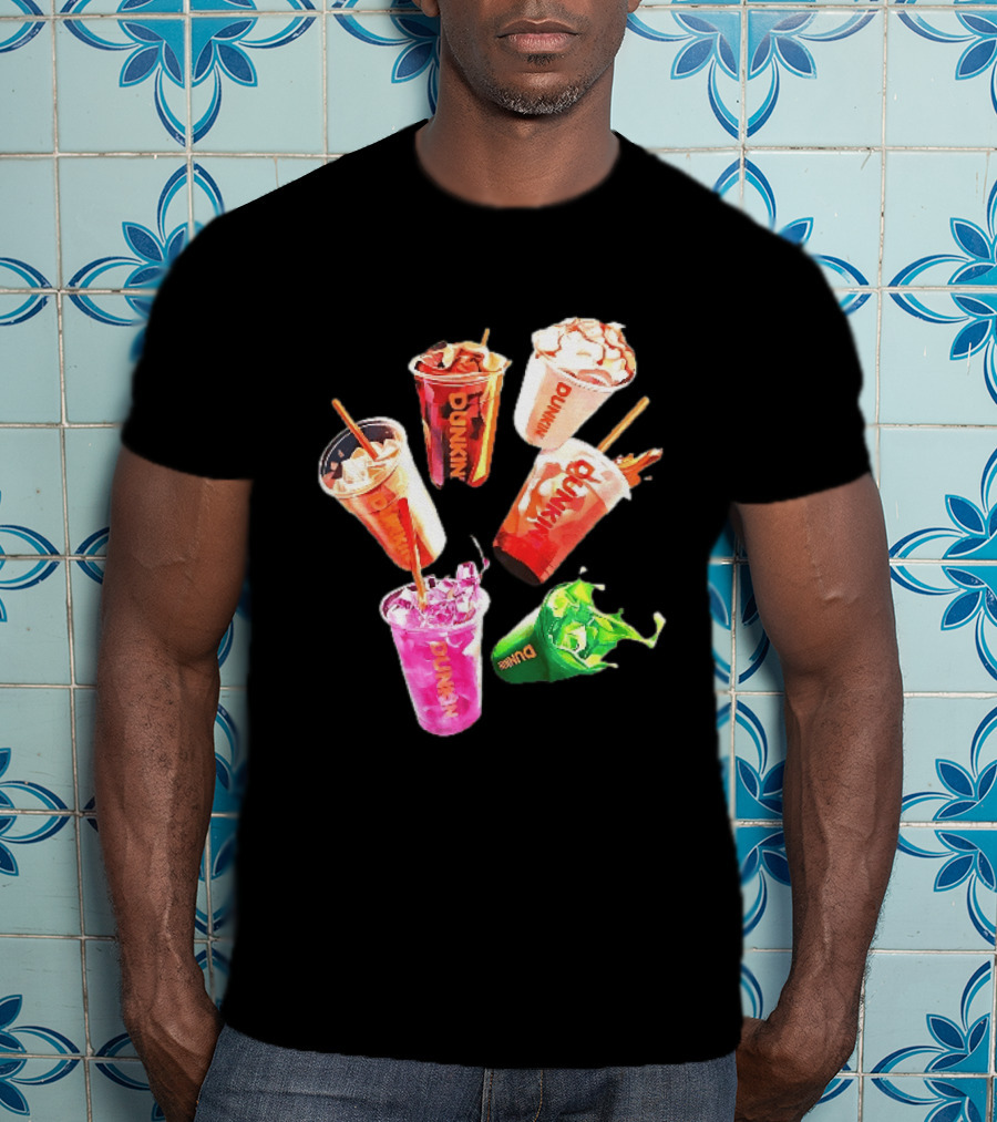 Dunkin Colorful Iced Coffee Beverages Splash With Straws T-Shirt
