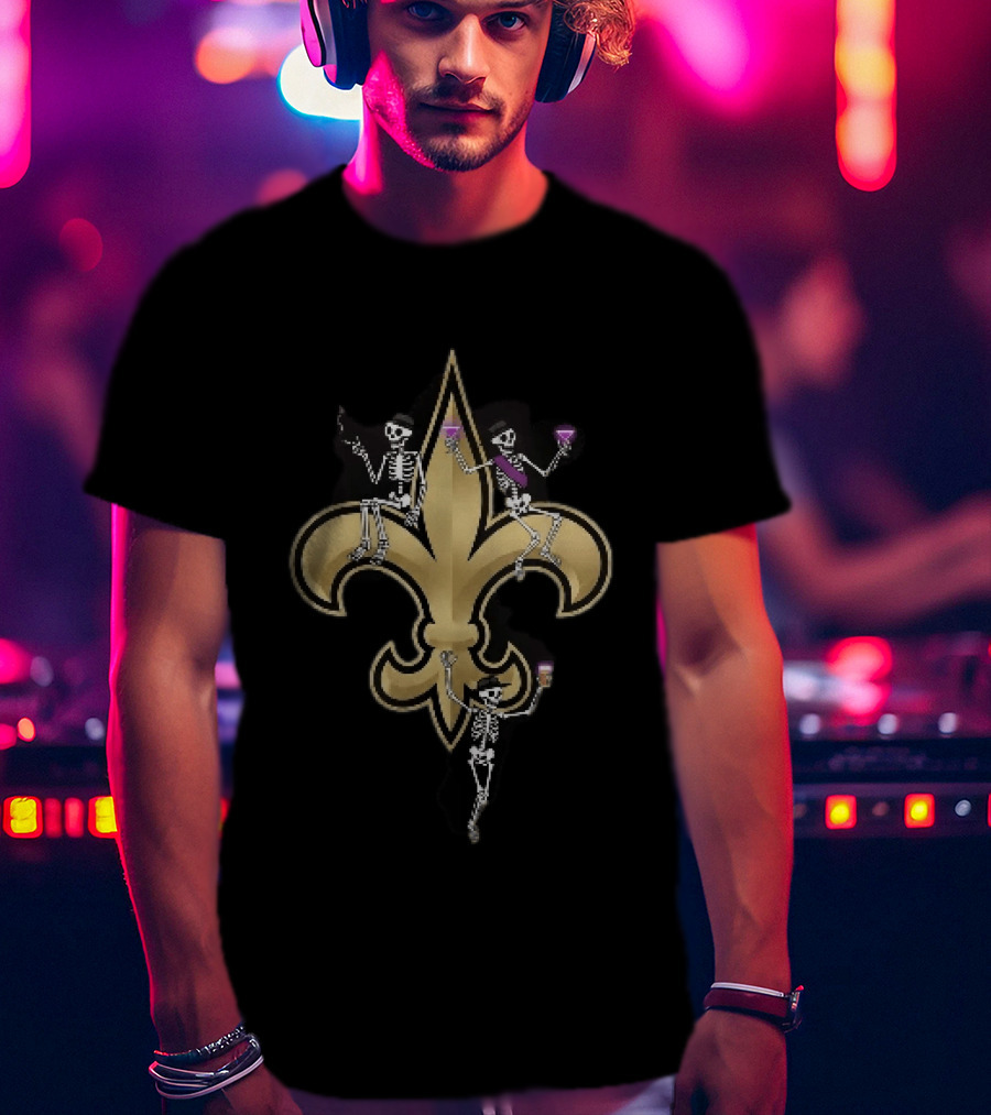 New Orleans Saints Fleur De Lis Skeletons Drinking Smoking T-Shirt