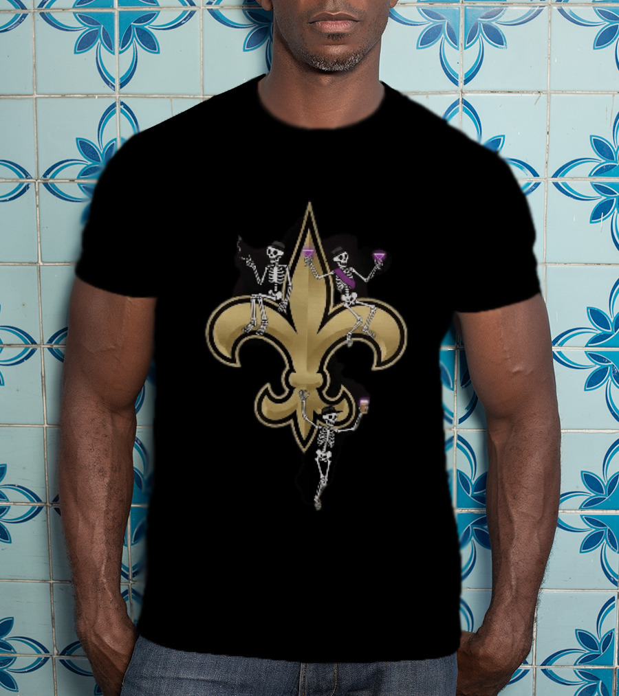 New Orleans Saints Fleur De Lis Skeletons Drinking Smoking T-Shirt