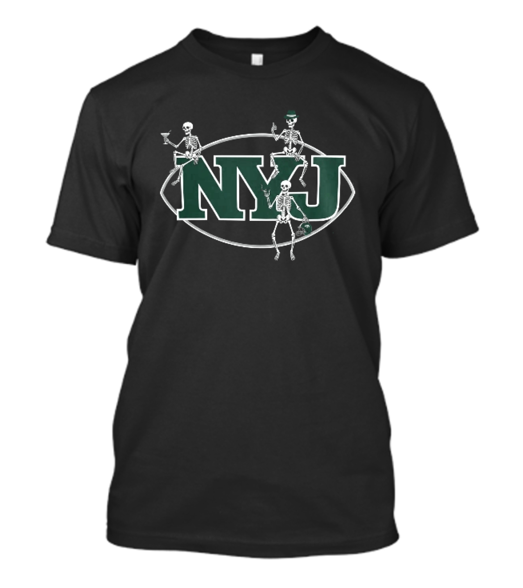 New York Jets Three Skeletons NYJ Drinking Smoking Green Helmet T-Shirt