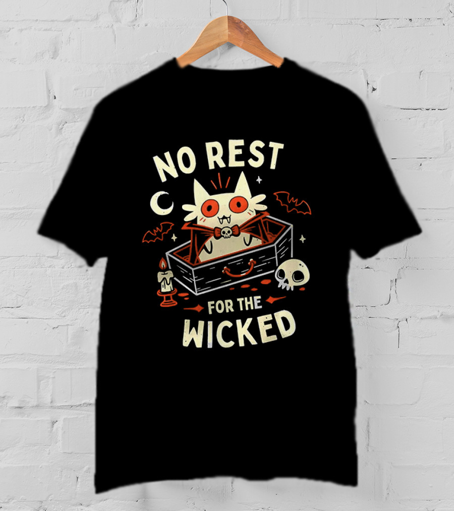 No Rest For The Wicked Vampire Cat Halloween Humor With Bats And Skull T-Shirt