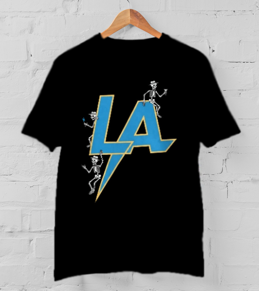 Los Angeles Chargers Skeletons On LA Lettering With Lightning Bolt T-Shirt