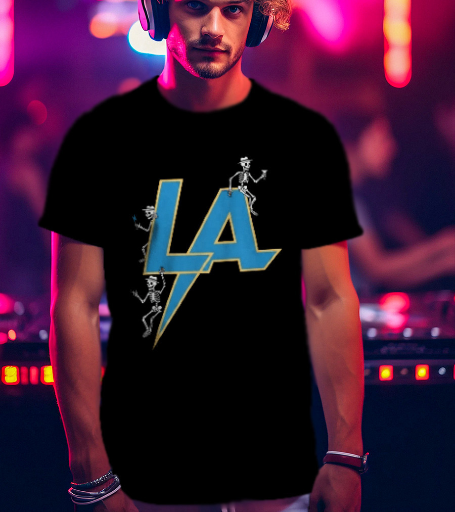 Los Angeles Chargers Skeletons On LA Lettering With Lightning Bolt T-Shirt