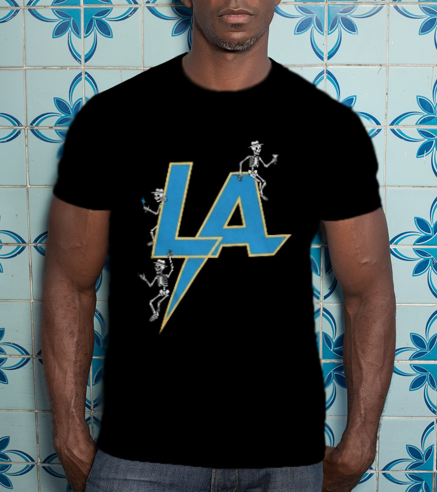 Los Angeles Chargers Skeletons On LA Lettering With Lightning Bolt T-Shirt