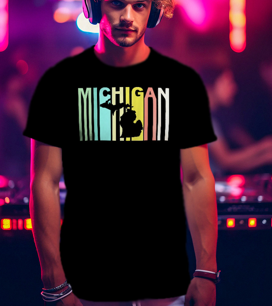 Michigan Colorful Vertical Stripe Map T-Shirt