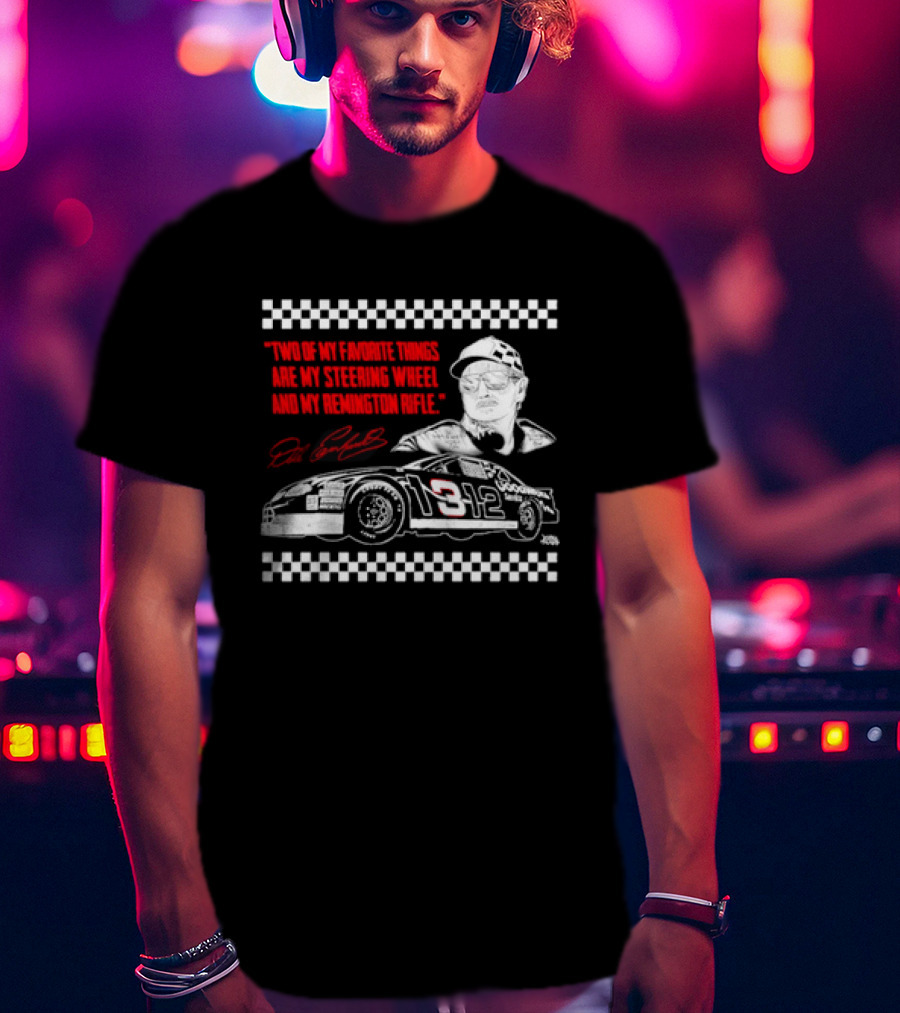 Two Of My Favorite Things Are My Steering Wheel And My Remington Rifle Racing Car 3 Checkered Flag T-Shirt
