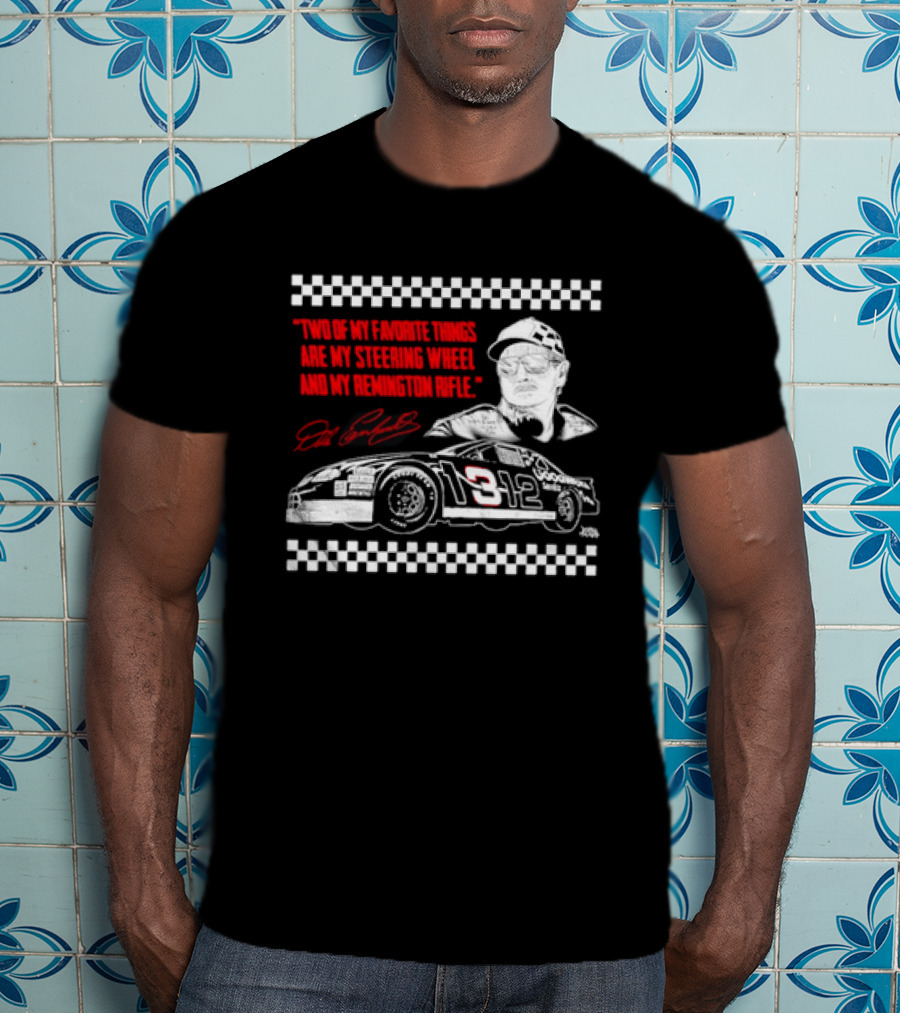 Two Of My Favorite Things Are My Steering Wheel And My Remington Rifle Racing Car 3 Checkered Flag T-Shirt