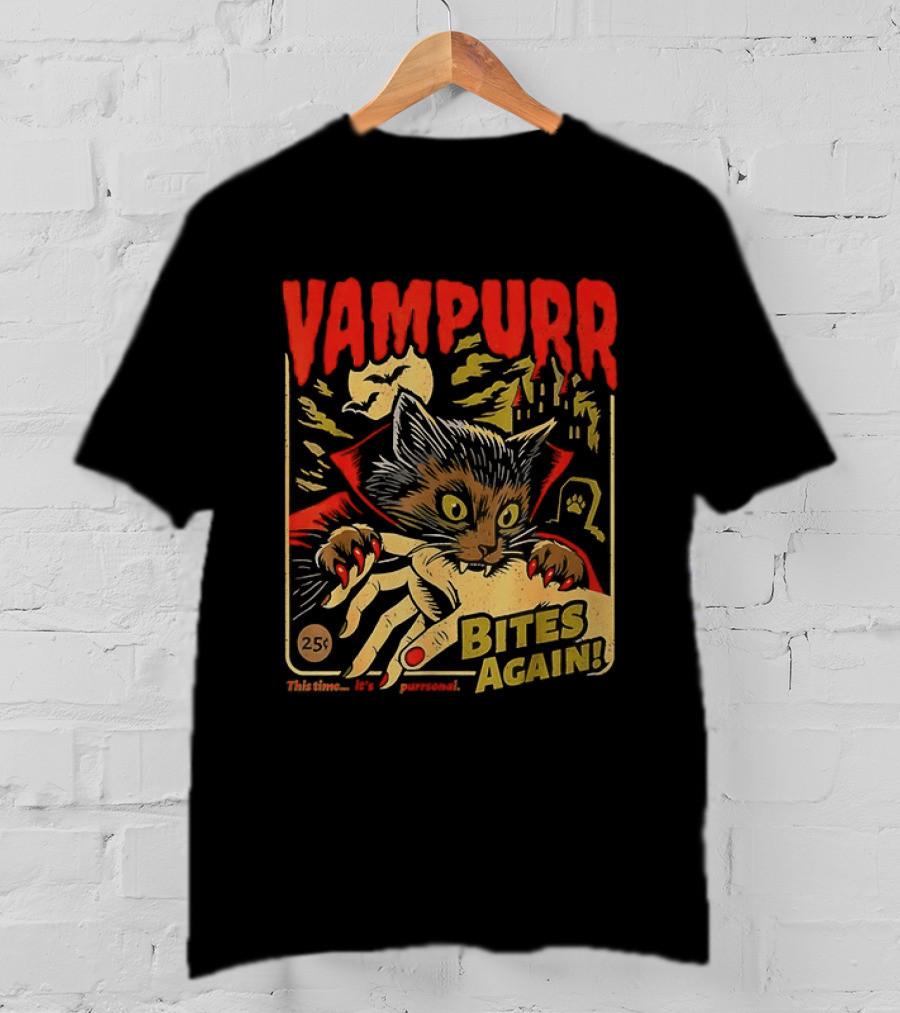 Vampurr Bites Again Vampire Cat Halloween Vintage Spooky Paws T-Shirt