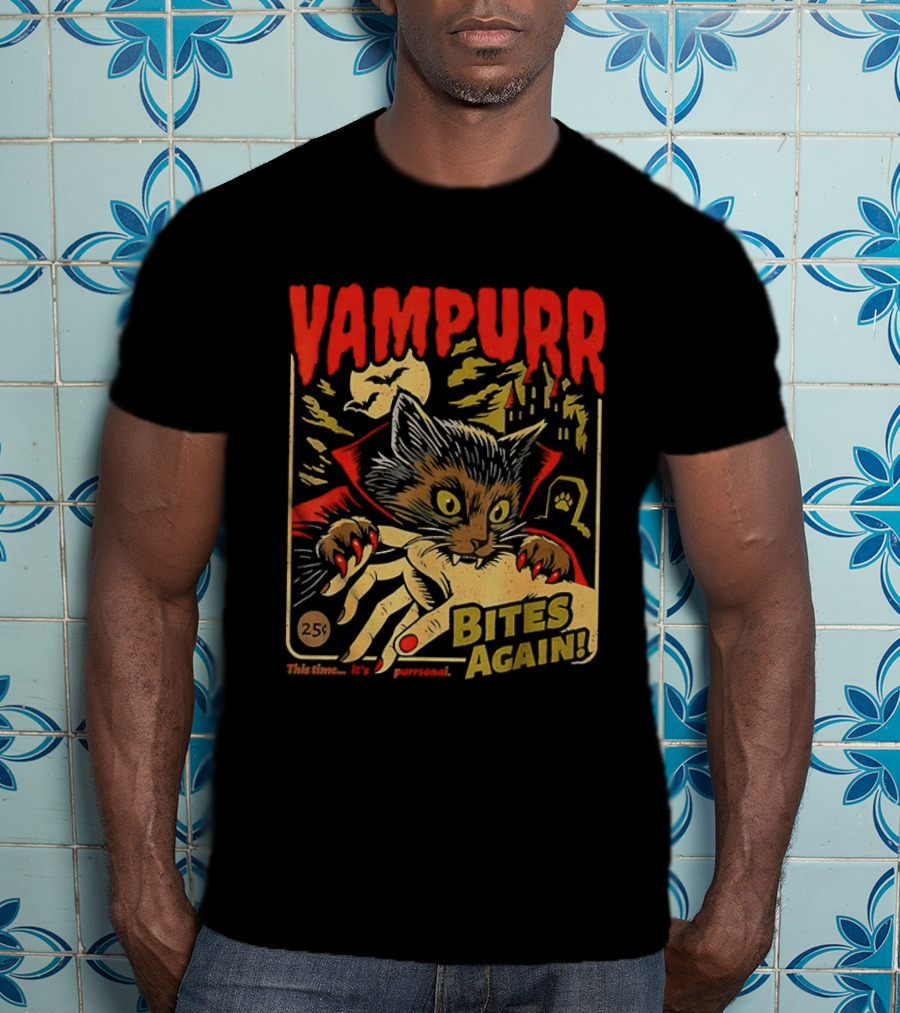 Vampurr Bites Again Vampire Cat Halloween Vintage Spooky Paws T-Shirt