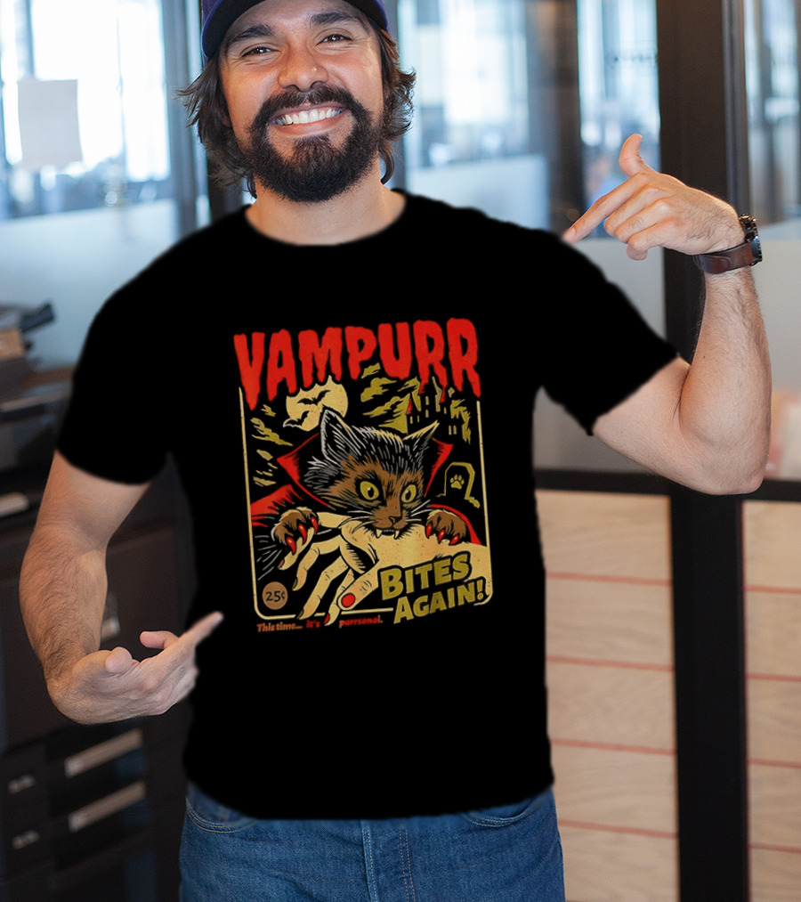 Vampurr Bites Again Vampire Cat Halloween Vintage Spooky Paws T-Shirt