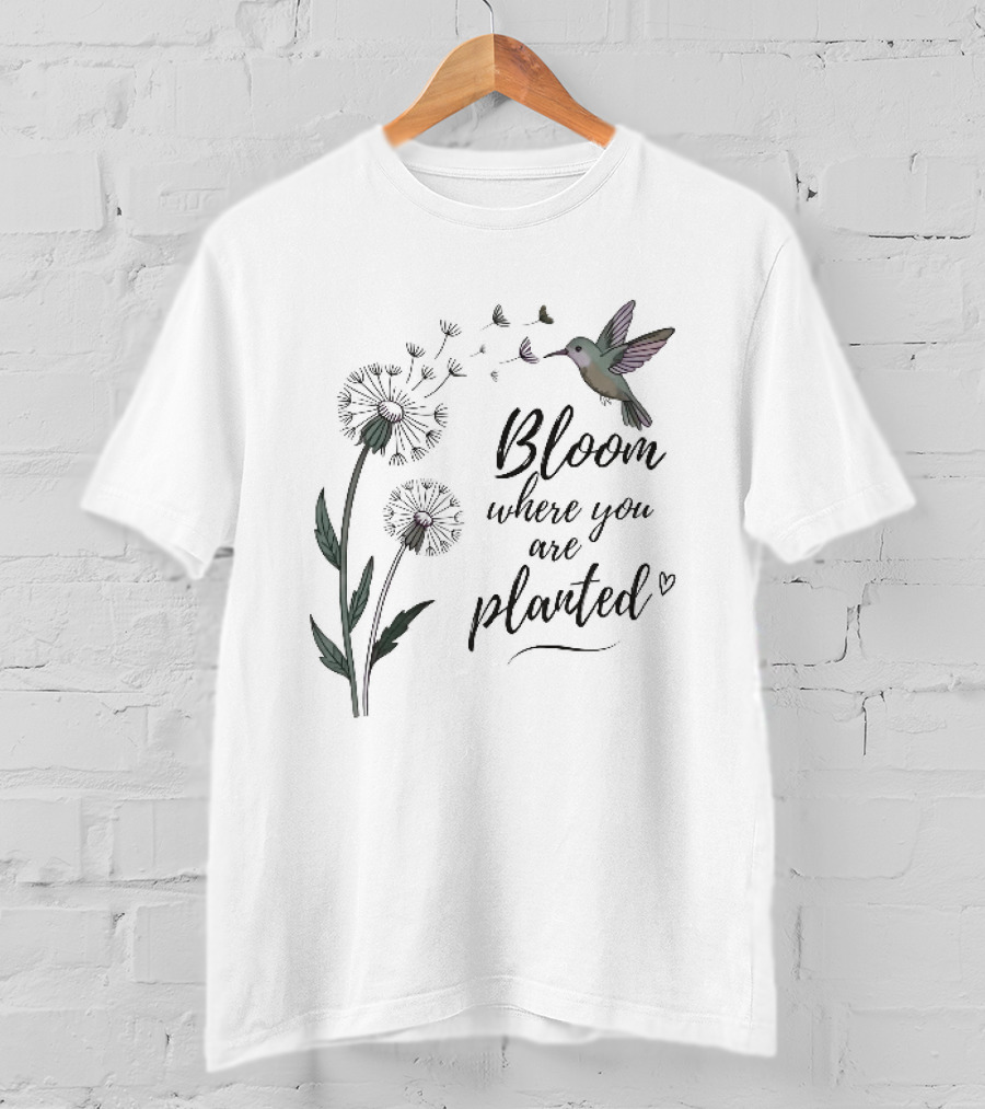 Bloom Where You Are Planted Hummingbird Dandelion Seeds Heart Sketch T-Shirt