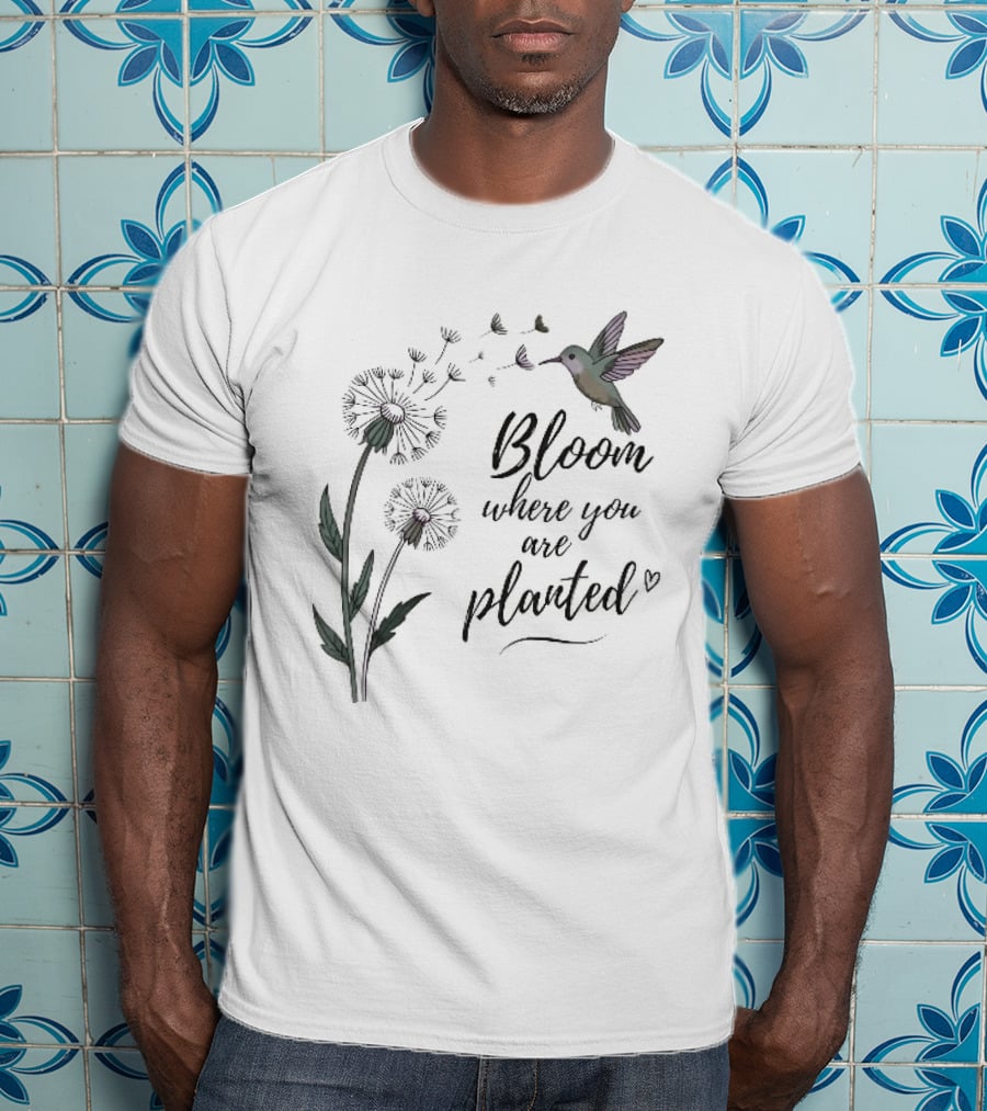 Bloom Where You Are Planted Hummingbird Dandelion Seeds Heart Sketch T-Shirt