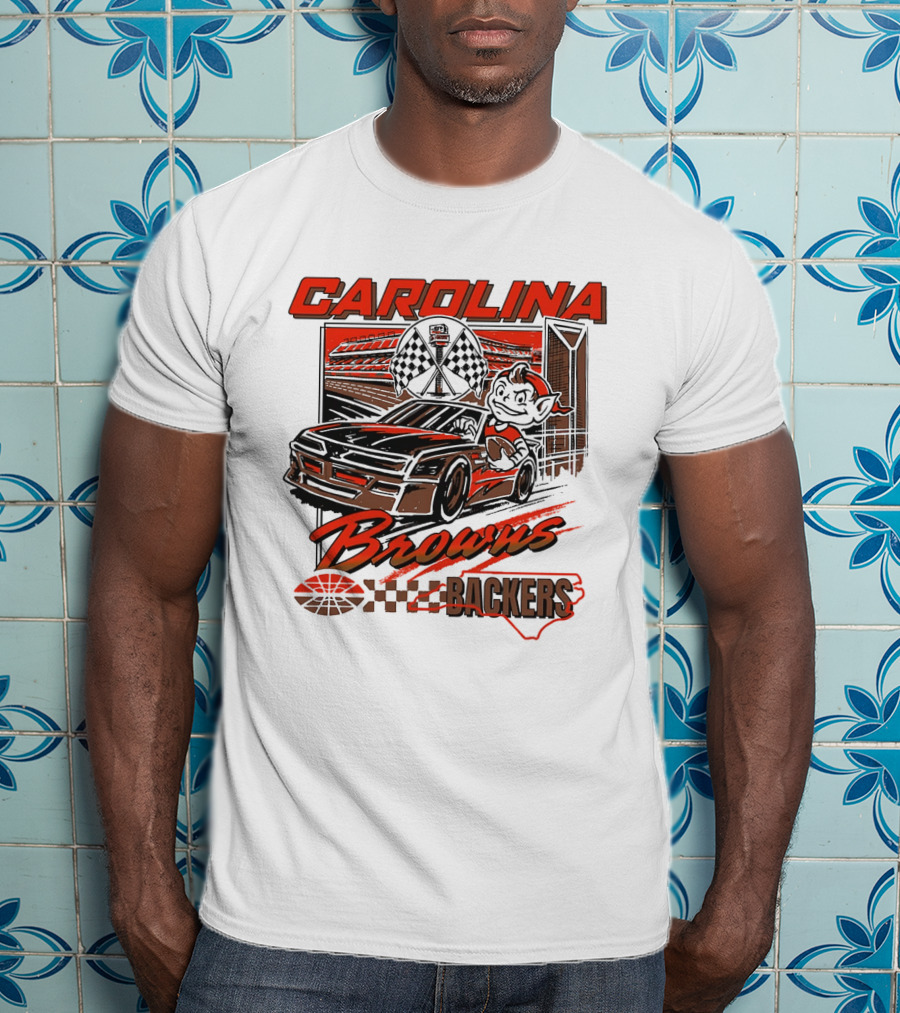 Carolina Browns Backers Racing Stadium Elf Car Checked Flag T-Shirt