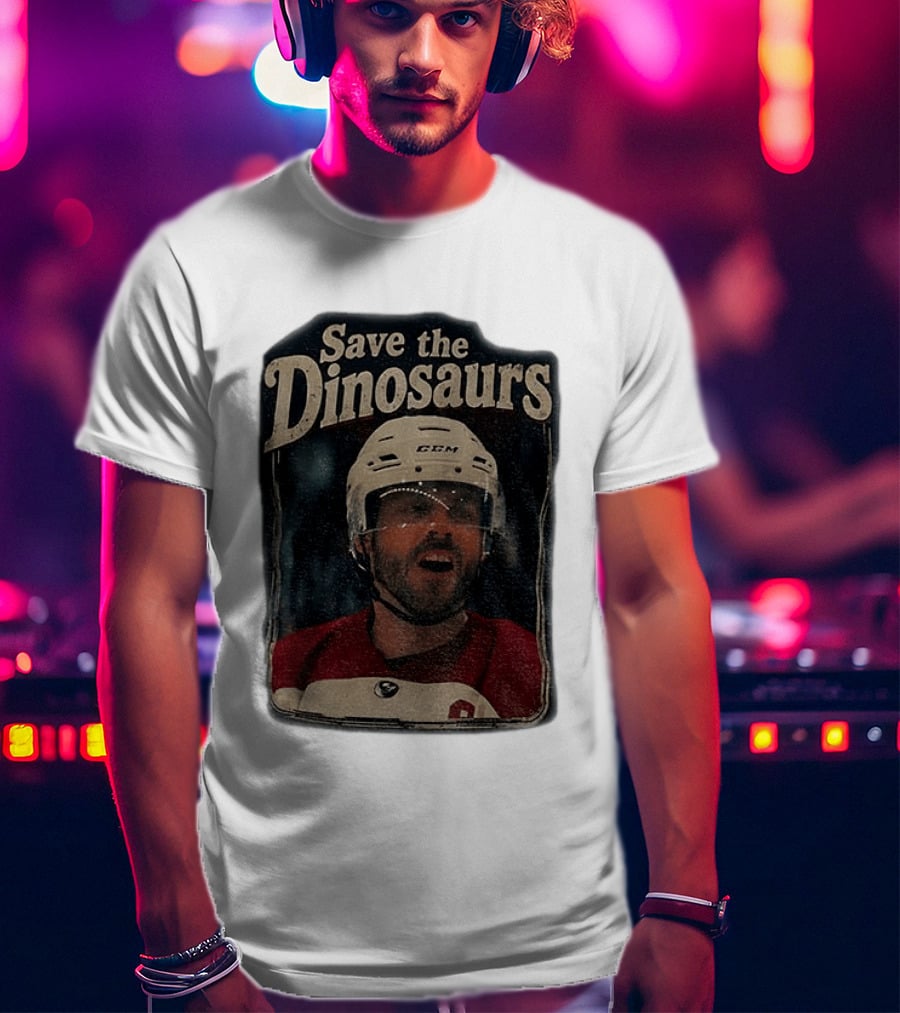 Connor Storrie Wearing Scott Hunter Save The Dinosaurs CCM Hockey T-Shirt