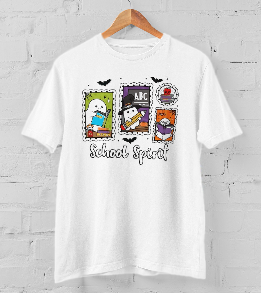 School Spirit Ghosts Holding Books Halloween Postage Stamps ABC Bats T-Shirt