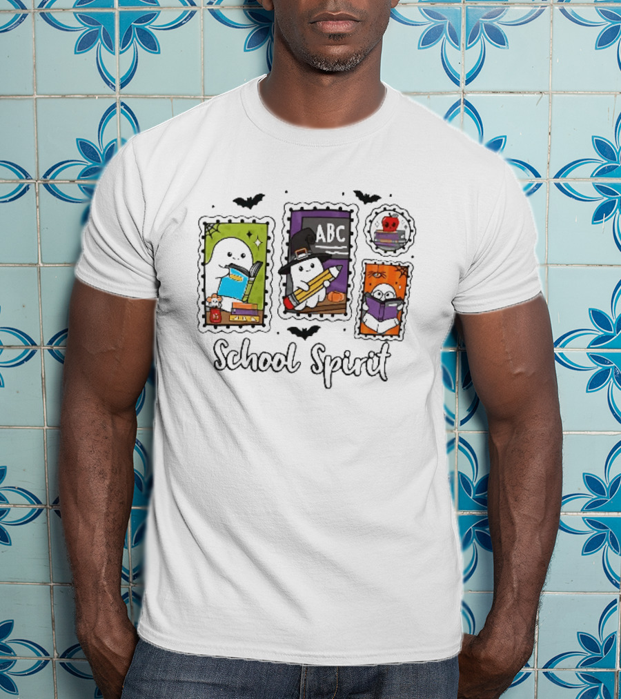 School Spirit Ghosts Holding Books Halloween Postage Stamps ABC Bats T-Shirt