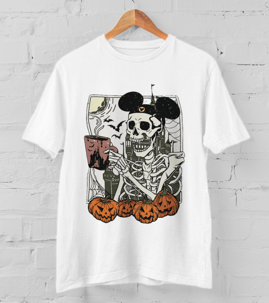 Spooky Skeleton With Coffee Mouse Ears Pumpkins Bats Halloween 2026 T-Shirt