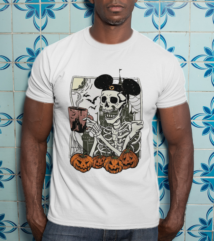 Spooky Skeleton With Coffee Mouse Ears Pumpkins Bats Halloween 2026 T-Shirt