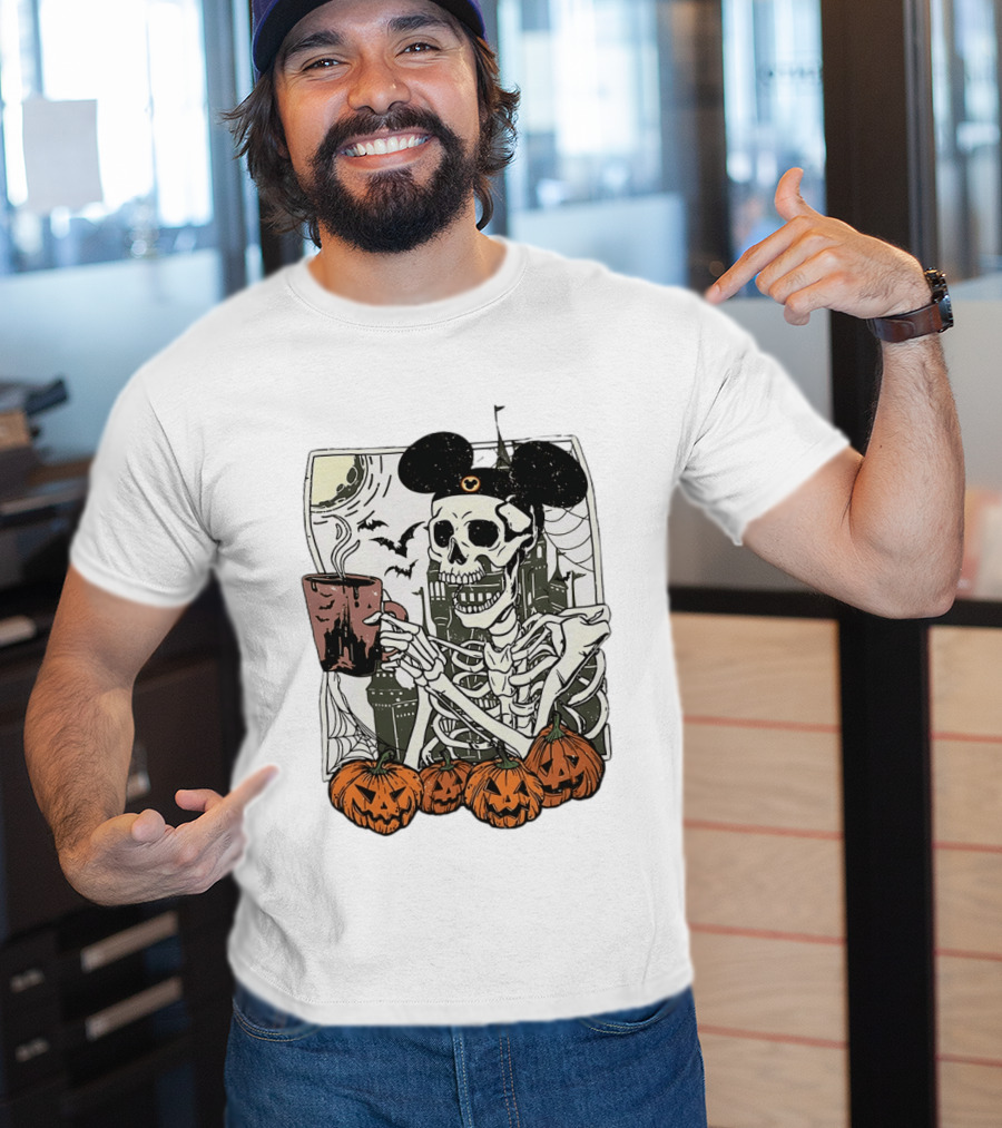 Spooky Skeleton With Coffee Mouse Ears Pumpkins Bats Halloween 2026 T-Shirt