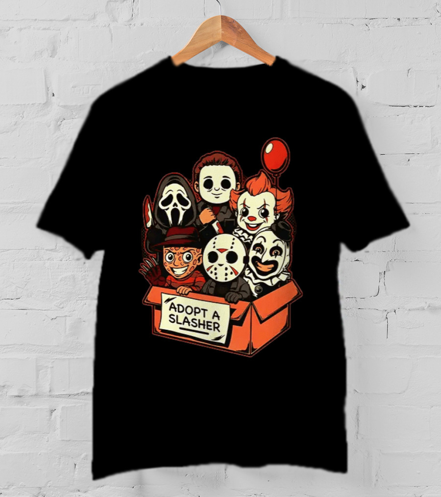 Adopt A Slasher Horror Characters Halloween Box With Iconic Balloon And Masked Monsters T-Shirt