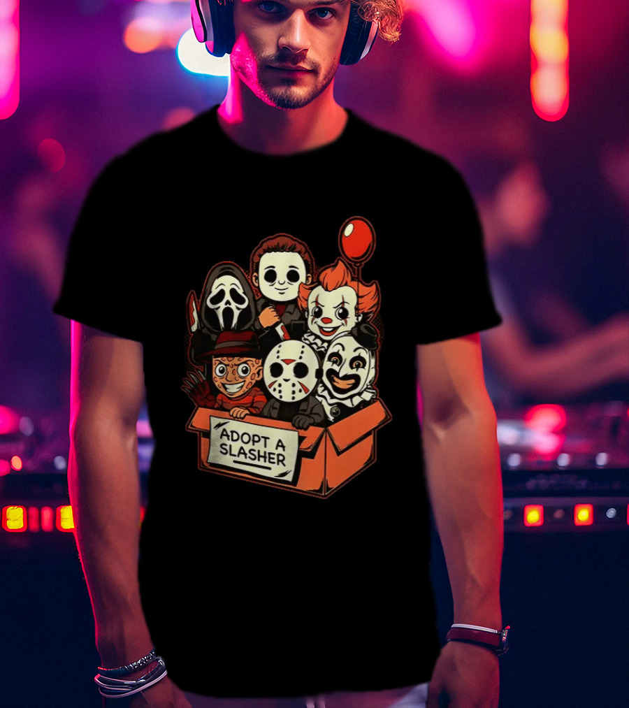 Adopt A Slasher Horror Characters Halloween Box With Iconic Balloon And Masked Monsters T-Shirt