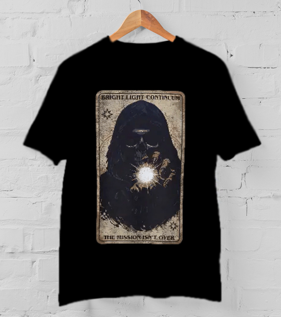 Bright Light Continuum The Mission Isn't Over Skull Holding Light Mysterious Hooded Figure T-Shirt