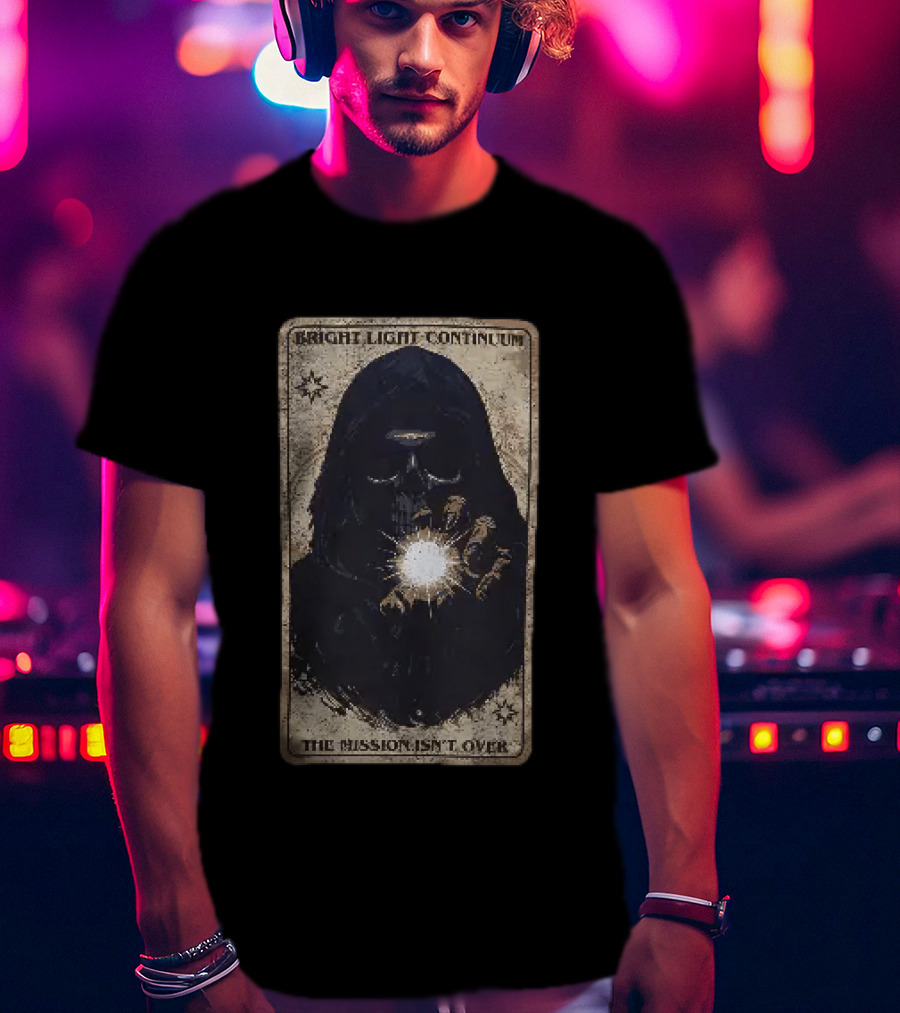 Bright Light Continuum The Mission Isn't Over Skull Holding Light Mysterious Hooded Figure T-Shirt
