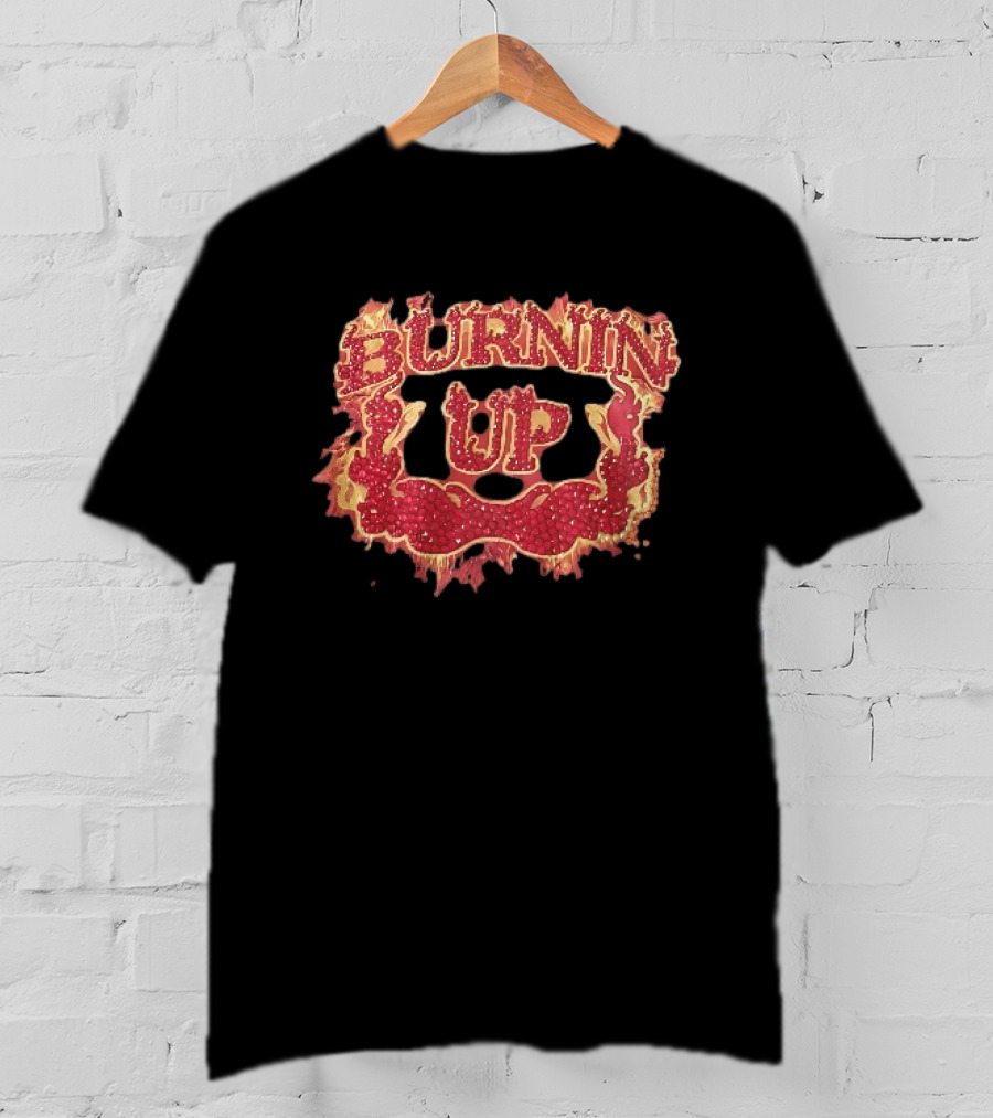 Burnin Up Red Rhinestone Gemstone Lettering Flaming Crest Frame Fiery T-Shirt
