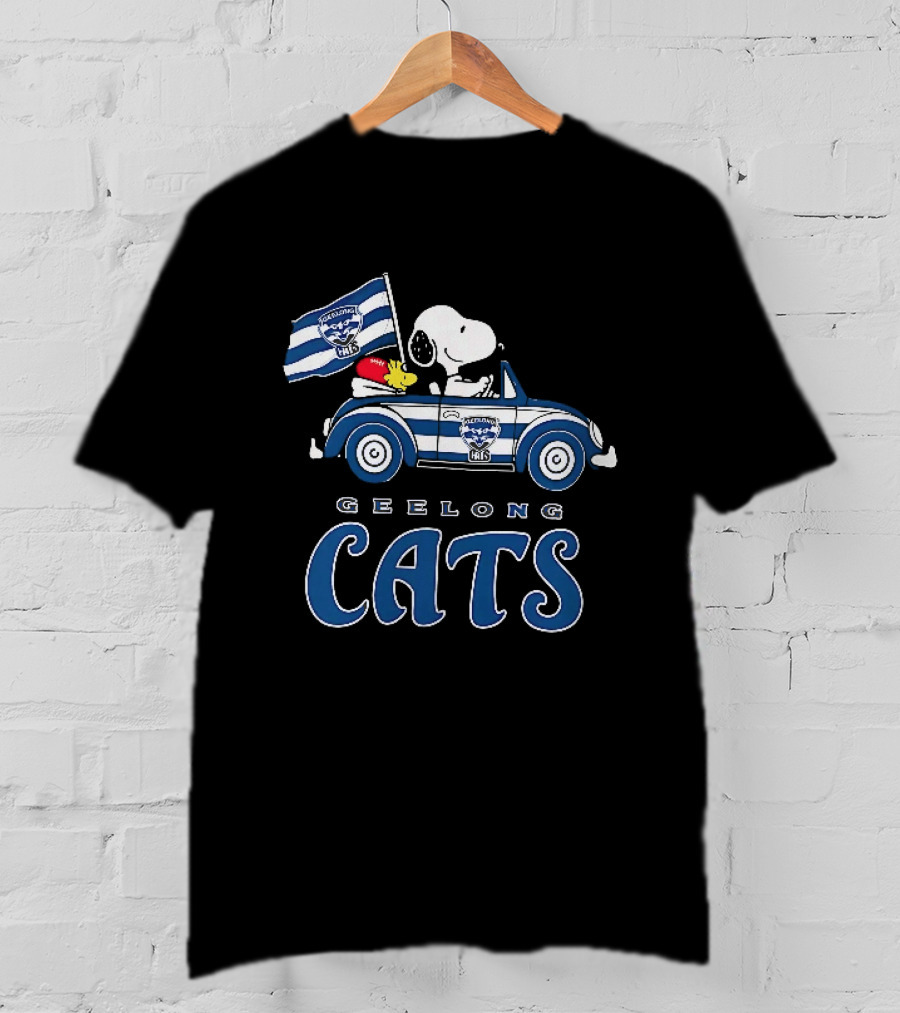 Geelong Cats Snoopy Woodstock Driving With Flag T-Shirt
