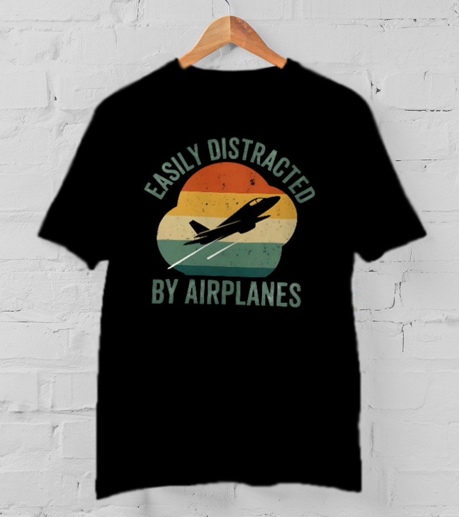 Easily Distracted By Airplanes Retro Jet Vintage Stripes T-Shirt