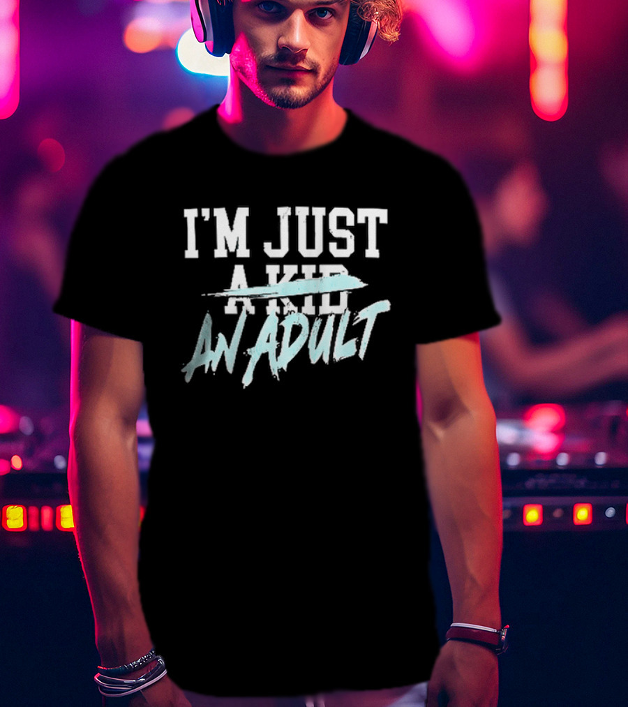 I'm Just A Kid An Adult Distressed Block Blue Paint Brush T-Shirt