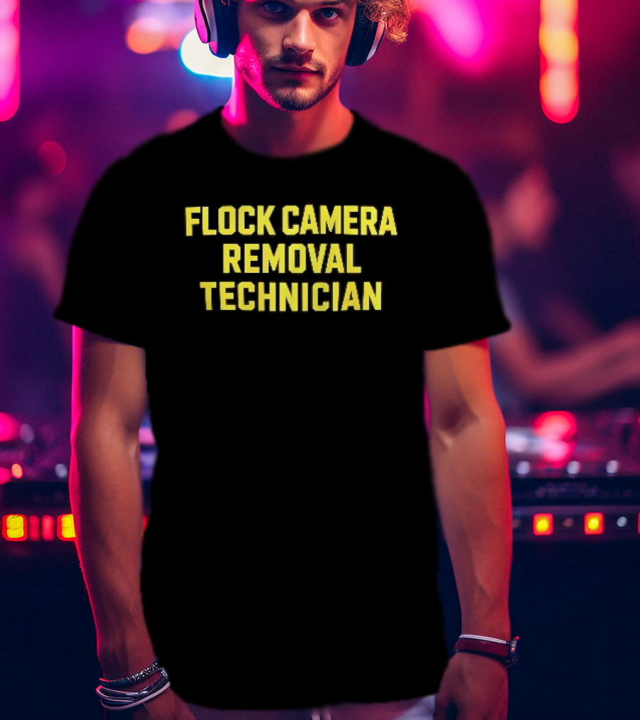Flock Camera Removal Technician Yellow Varsity Block T-Shirt