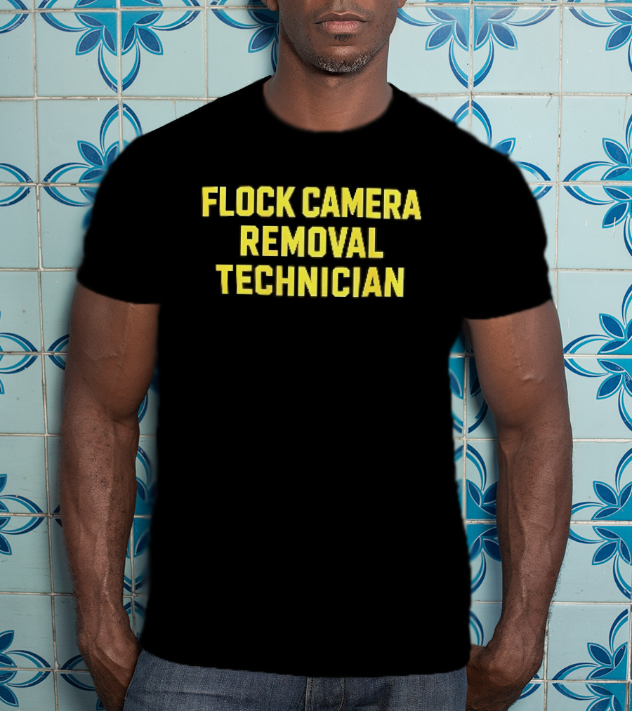 Flock Camera Removal Technician Yellow Varsity Block T-Shirt