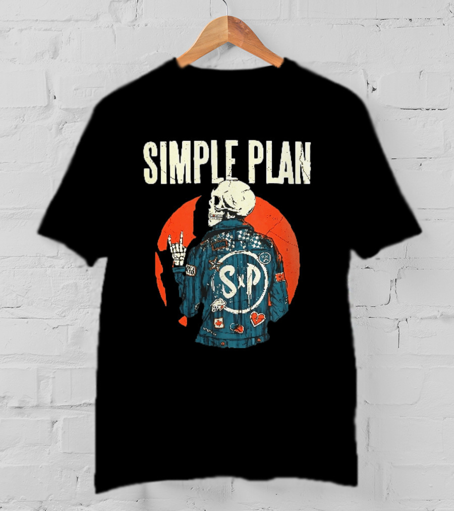 Simple Plan Just A Kid 1999 Skeleton Rock Sign SP Denim Jacket Distressed T-Shirt