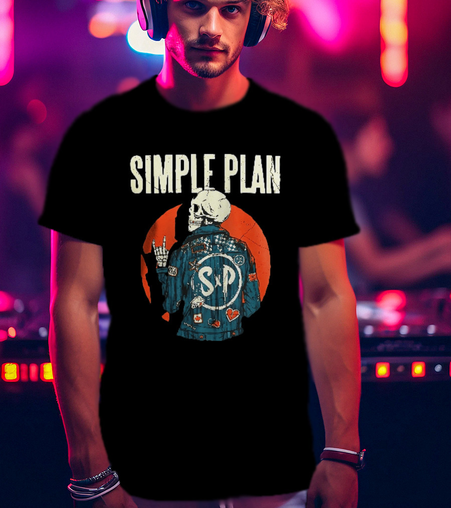 Simple Plan Just A Kid 1999 Skeleton Rock Sign SP Denim Jacket Distressed T-Shirt