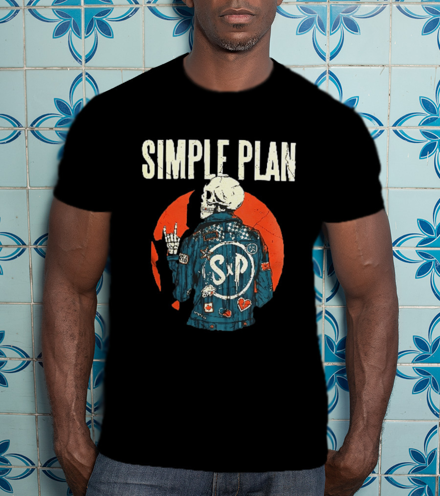 Simple Plan Just A Kid 1999 Skeleton Rock Sign SP Denim Jacket Distressed T-Shirt