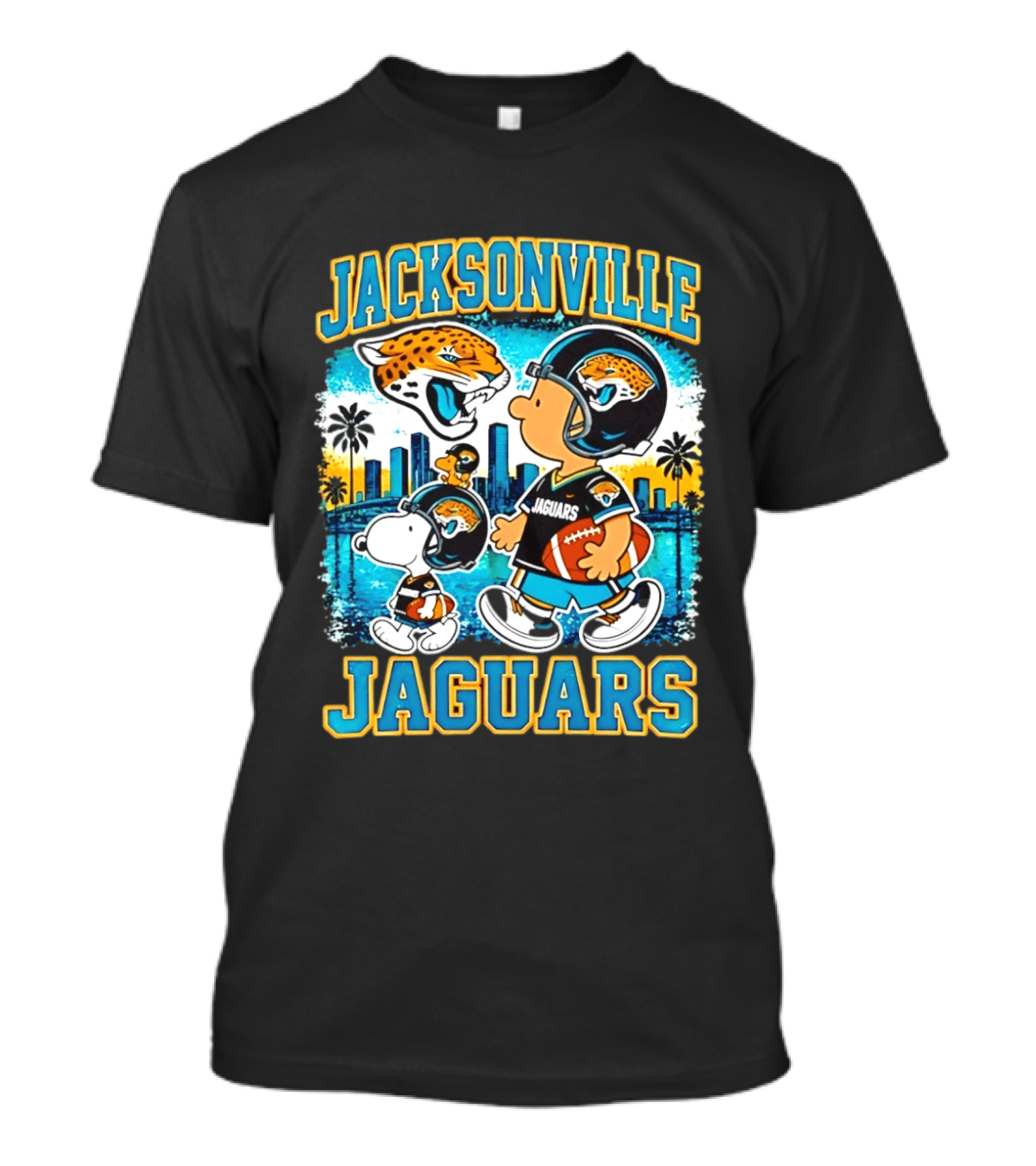 Jacksonville Jaguars Snoopy Woodstock Skyline 2026 Football T-Shirt
