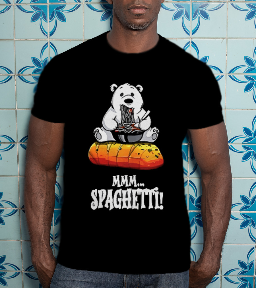 Mmm Spaghetti Cartoon Polar Bear Enjoying Pasta On Garlic Bread T-Shirt