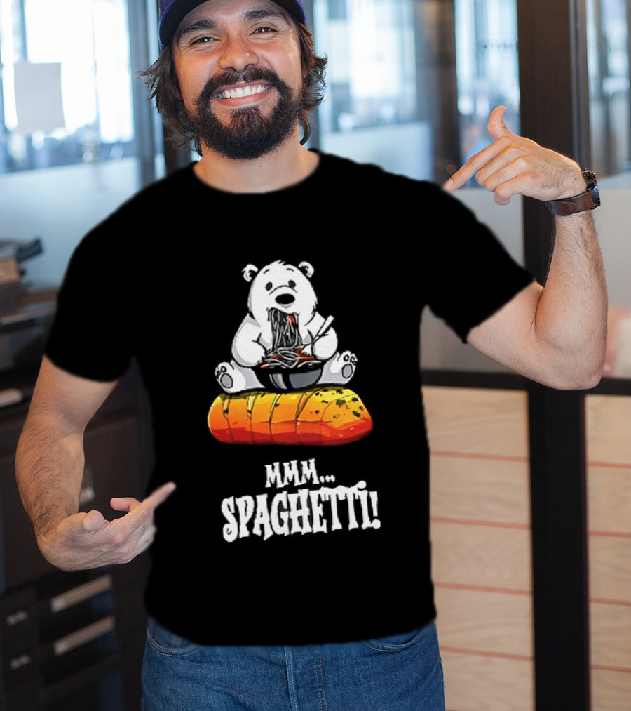 Mmm Spaghetti Cartoon Polar Bear Enjoying Pasta On Garlic Bread T-Shirt