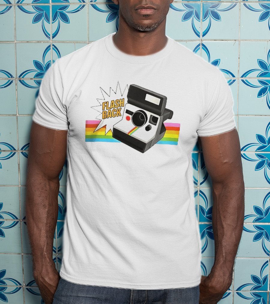 Flash Back Instant Camera Rainbow Stripe Starburst T-Shirt