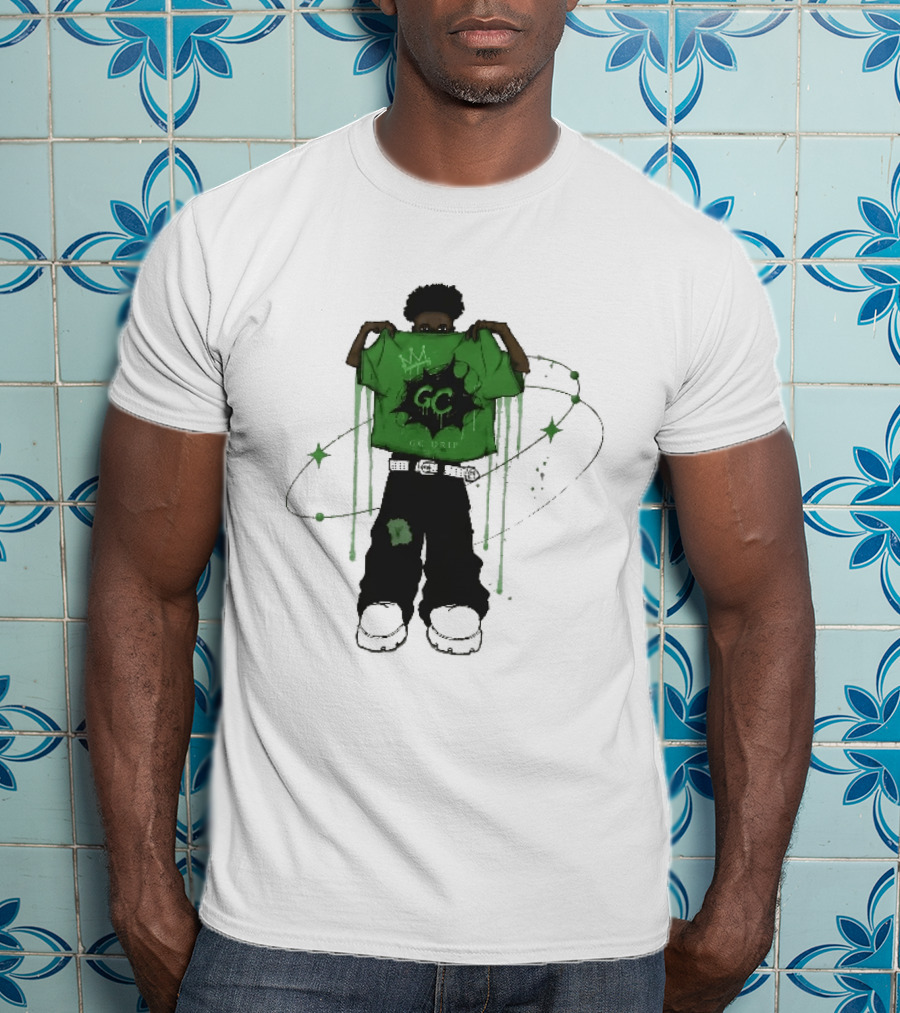 Gc Drip Cartoon Character Holding Green Clothing With Crown And Stars T-Shirt